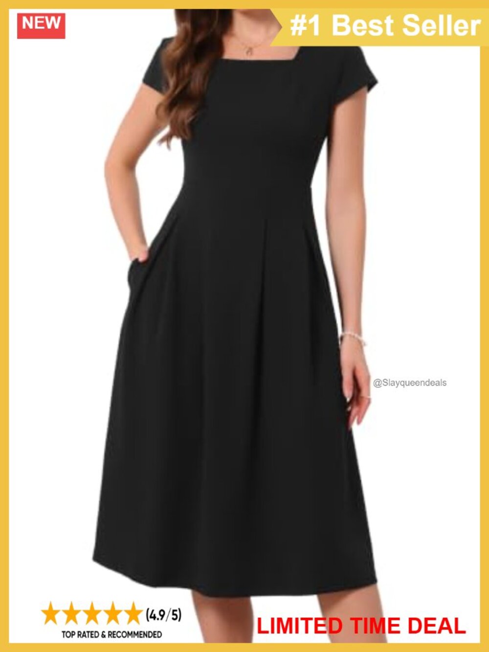 Vintage Square Neck Cap Sleeve A-Line Midi Dress